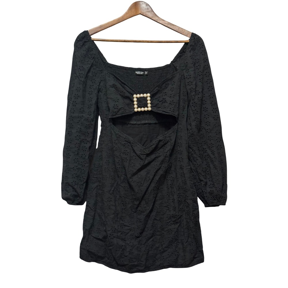 Nasty Gal Eyelet Mini‎ Dress Womens 4 Black Excellent Pearl Buckle Cutout LBD